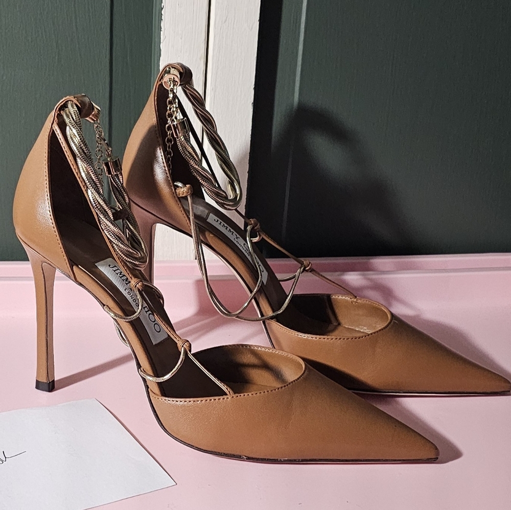 Jimmy Choo Tan High Heels with Intricate Straps